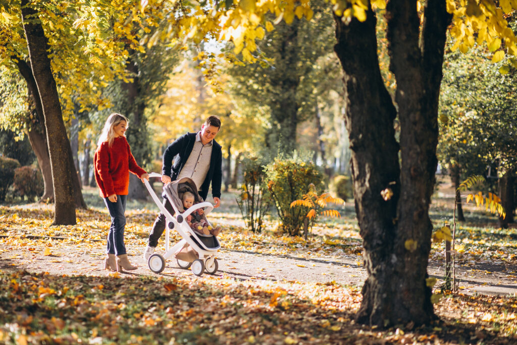 Family with baby daugher in a baby carriage walking an autumn park